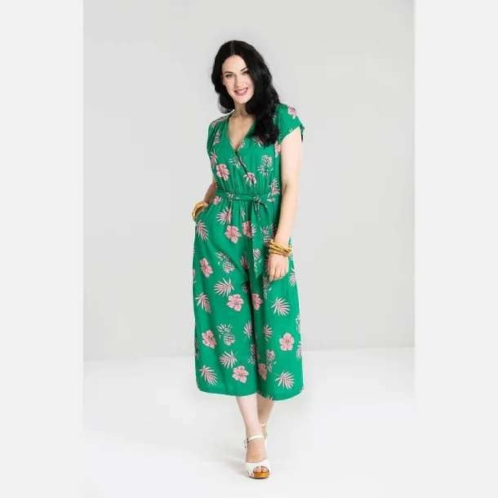 Hell Bunny Jumpsuit 2XL Green Pink Tropical Pineapple Hawaiian Pinup Rockabilly